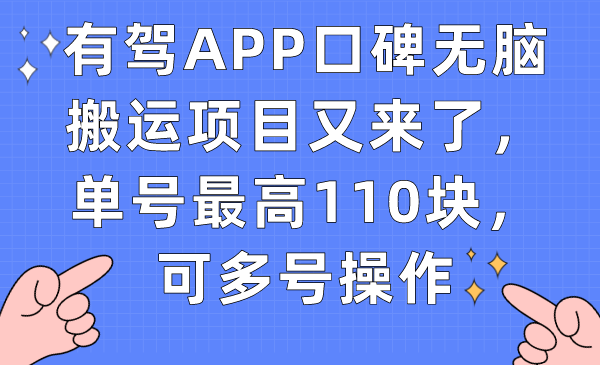 有驾APP口碑无脑搬运项目又来了，单号最高110块，可多号操作-紫爵资源库