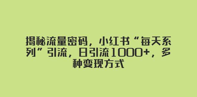 揭秘流量密码，小红书“每天系列”引流，日引流1000 ，多种变现方式-紫爵资源库