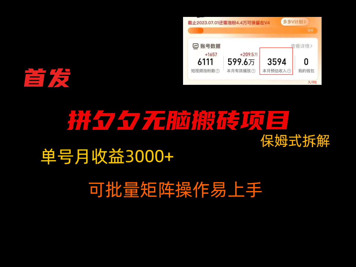 拼夕夕无脑搬砖，单号稳定收益3000+，保姆式拆解-紫爵资源库