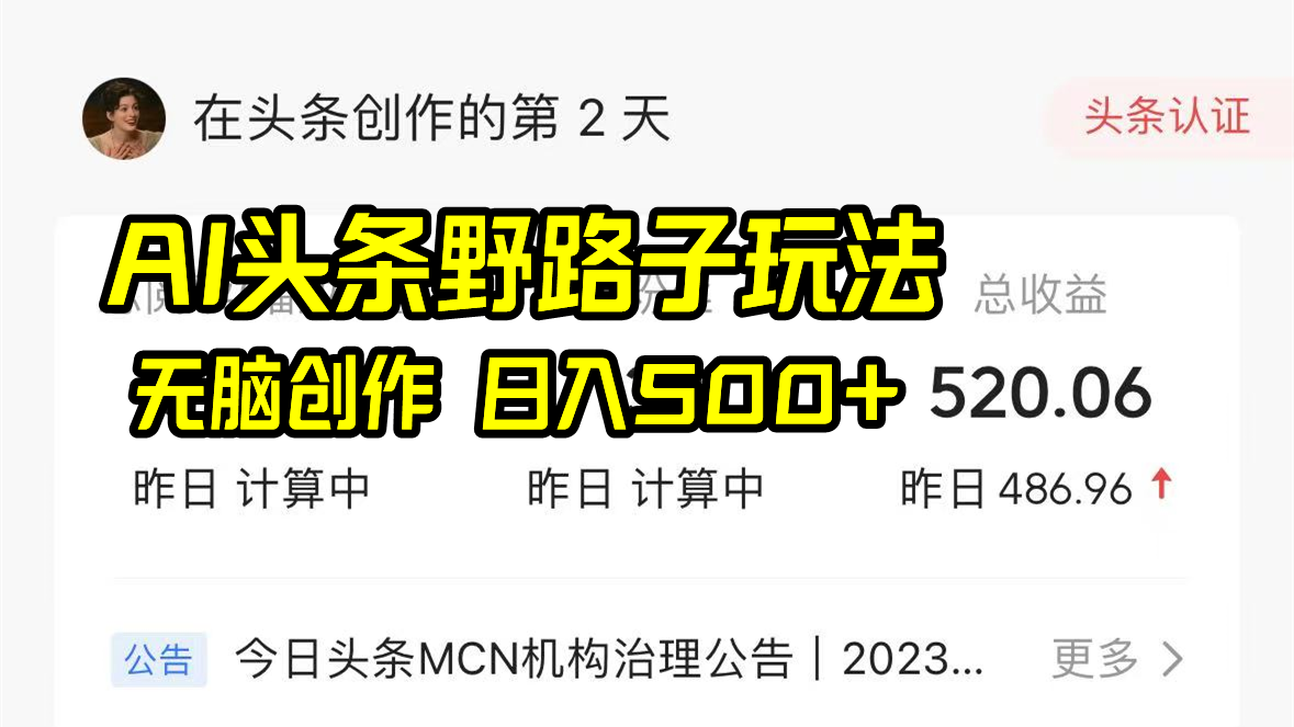 AI头条野路子玩法，无脑创作，日入500+-紫爵资源库