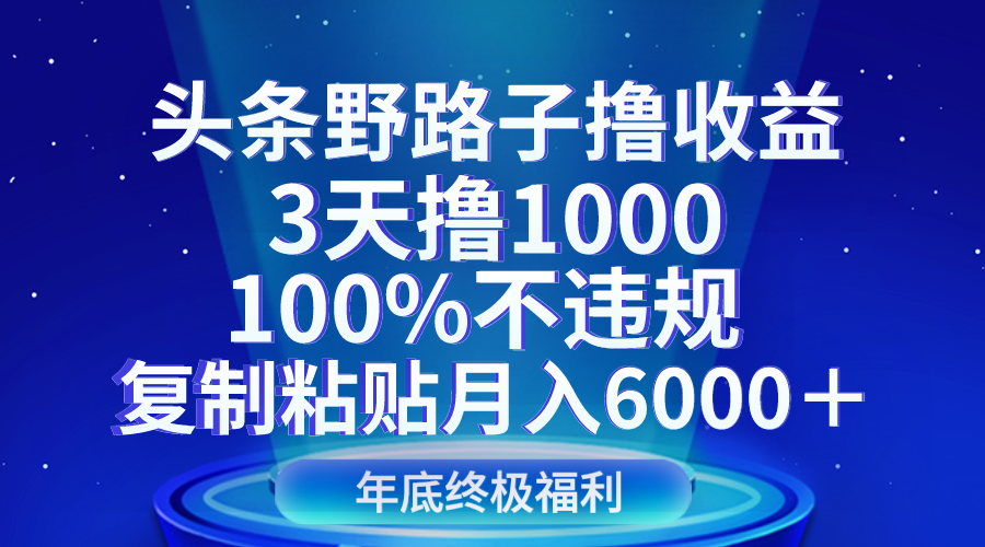 头条野路子撸收益，3天撸1000，100%不违规，复制粘贴月入6000＋-紫爵资源库