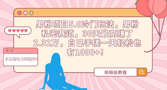 男粉项目5.0冷门玩法，男粉私密赛道，30天最高赚了2.32万，自己手搓一天轻松也有1000+-紫爵资源库