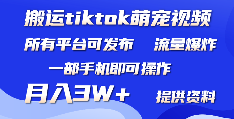 搬运Tiktok萌宠类视频，一部手机即可。所有短视频平台均可操作，月入3W+-紫爵资源库