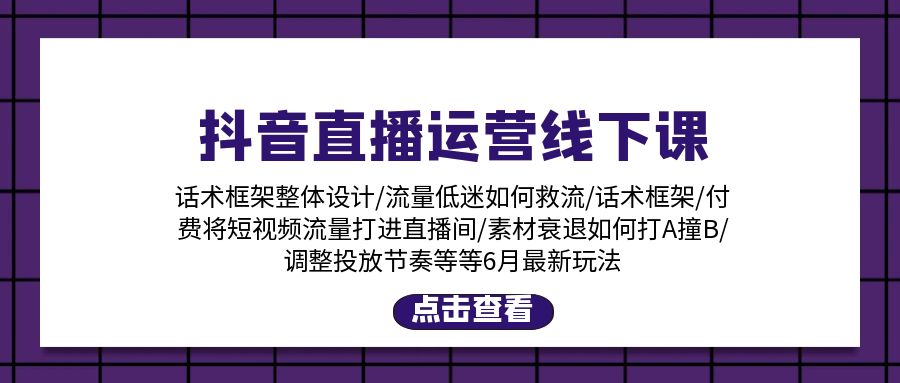 抖音直播运营线下课：话术框架/付费流量直播间/素材A撞B/等6月新玩法-紫爵资源库