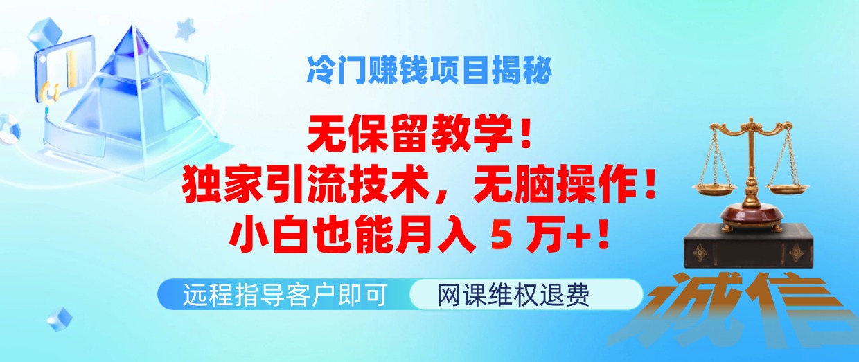 冷门赚钱项目无保留教学！独家引流技术，无脑操作！小白也能月入5万+！-紫爵资源库