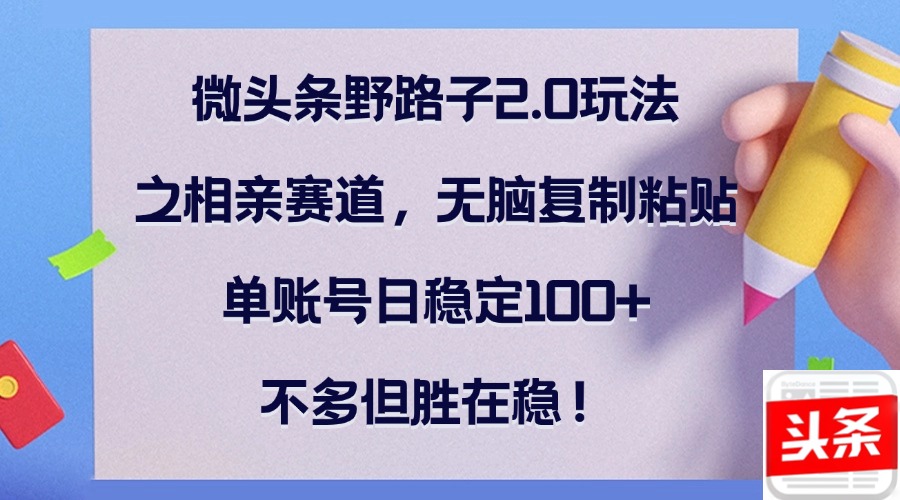 微头条野路子2.0玩法之相亲赛道，无脑复制粘贴，单账号日稳定100+，不…-紫爵资源库